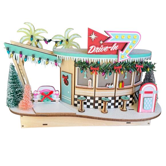 World Market Mid-Century Modern Drive In LED Christmas Decor Laser Cut Wood NEW - Picture 8 of 8